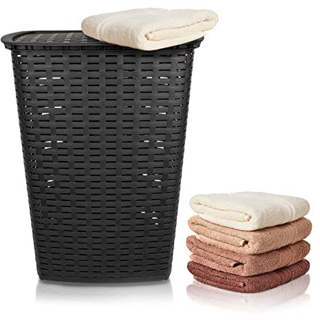 BigDean Wäschesammler 55L mit Deckel und 2 Griffen Wäschekorb Wäschebox in Flecht Rattan Optik - anthrazit - Wäschetruhe Wäschekorb Wäscheaufbewahrung im Rattan Look