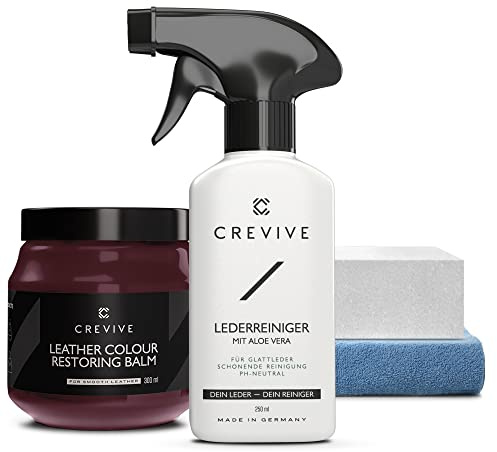 CREVIVE Läderrengörare 250 ml & läderåterställare körsbär 300 ml – läderfärgåterställning – läderåterställare för soffor – läderbalsam körsbär