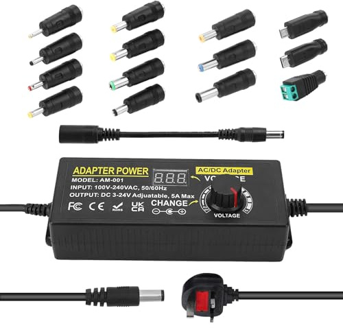 120W Universal Power Supply Adjustable DC 3V ~ 24V Variable Switching AC/DC Adapter 100V-240V AC to DC 24V 5A Converter with 14 Tips & Polarity Converter - 5A Max