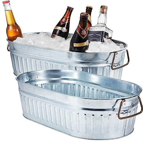 Lallisa 2 Pcs 5.3 gallons Galvanized Beverage Tub Galvanized Bucket Metal Ice and Drink Bucket with Handles Tub for Parties Farmhouse Home Pool Bar (Silver)
