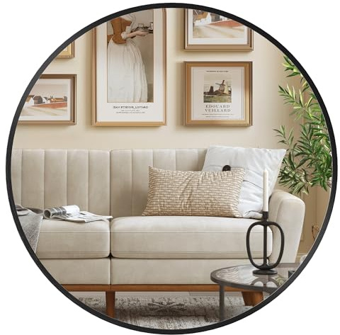SONGMICS Runder Spiegel, Wandspiegel, Aluminiumrahmen, 50 cm | Modern, einfache Montage, für Bad, Wohnzimmer, Schlafzimmer, Flur, mattschwarz, BERIT Kollektion LWM101B01