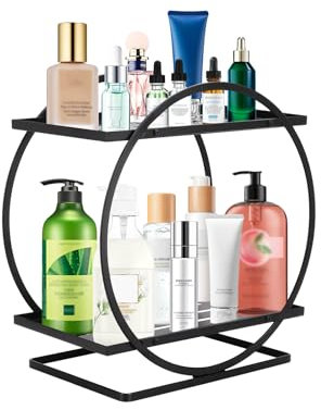Badezimmer Organiser, 2 Schicht Kosmetische Standregal Aufbewahrungstablett, Küchenregal Stehend Skincare Organizer, Metall Ständer Schmink Regal für Badezimmer Küche Schlafzimmer Schminktisch Schwarz