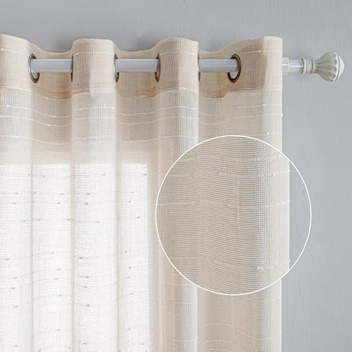 MYSKY HOME Gardine Vorhänge mit Ösen Gardinen Weiss Streifen Vorhang Kurz Wohnzimmer Schlafzimmer 2er Set Halbtransparent Voile Curtains for kinderzimmer, H 160 x B 140 cm, Beige.