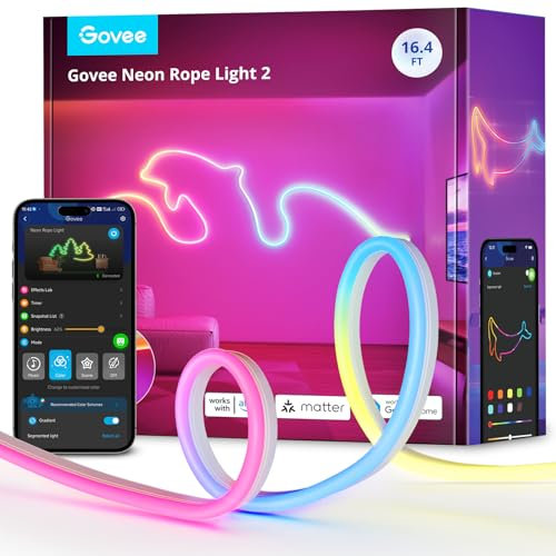 Govee Neon Rope Light 2, 5m RGBIC Neon LED Strip Lights with Shape Mapping, Work with Matter, Alexa and Google Assistant, LED Rope for Wall Decor