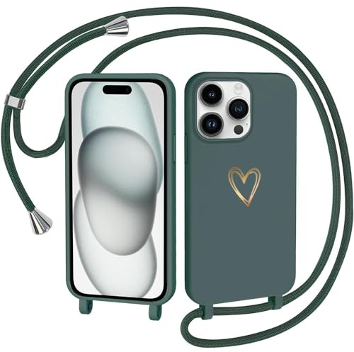 CaseLover Handyband kompatibel mit iPhone 15 Pro Hülle mit Band, Grün | Herz Muster, Silikon Necklace Handyhülle mit Abnehmbar Kordel zum Umhängen, Stossfest Bumper Handy Schutzhülle Case 6.1