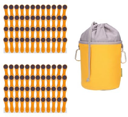 96 Wäscheklammern mit Druckfedern aus Edelstahl, Softtouch Gelb Orange, 1 Canvas Wäscheklammerbeutel Gelb Grau