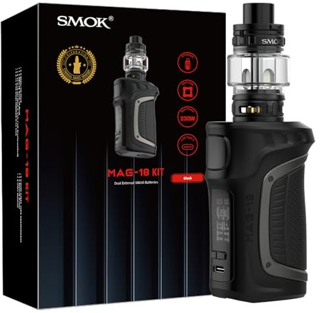 SMOK MAG-18 Vape Kit TFV18 Tank 7,5 ml 230W baterías duales 18650 no incluidas IQ-X Chip carga rápida Tipo-C pantalla TFT flujo de aire compatible con coils TFV18 TFV16 negro sin nicotina