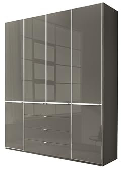WIEMANN Drehtürenschrank mit 4 Schubkästen hochwertiger Kleiderschrank Schlafzimmerschrank 200cm breit, mit Schubladen, Glas Havanna, Höhe 216cm, Shanghai