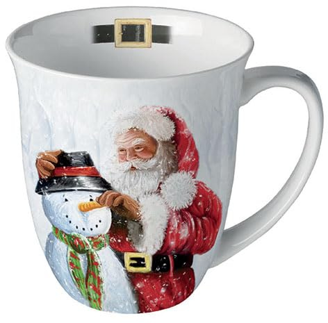 Ambiente Kaffeetasse Tee Tasse Becher mug 0,4 l Fine Bone China Porzellan Schneemann und Weihnachtsmann Weihnachten Advent Weihnachtstasse Winter