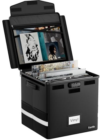 Tamfile Schallplatten-Aufbewahrungsbox, feuerfeste Vinyl-Schallplatten-Aufbewahrungsbox mit Schloss und wasserdichtem Reißverschluss, zusammenklappbar, tragbarer LP-Organizer, hält bis zu 100+ 12