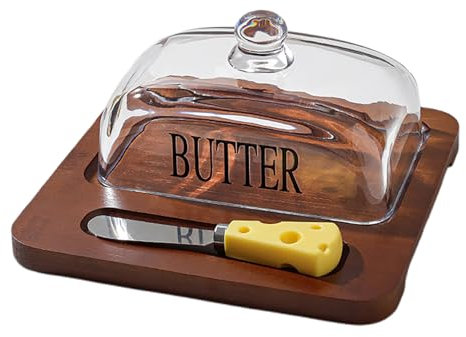 MISNODE Mantequera con Tapa y Espátula, Recipiente de Vidrio para Mantequilla con Tapa con Asa, Base de Madera, Bandeja para Servir Postre, Soporte para Almacenamiento de (B)