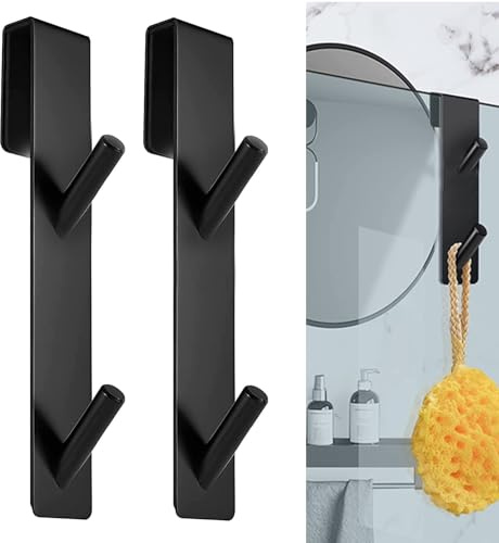 Cimown Doppelhaken Duschwand, Handtuchhaken zum Einhängen, Schwarz, 2 Stück | Rost- und Korrosionsbeständig, Ohne Bohren, für Glasstärken ≤ 12mm