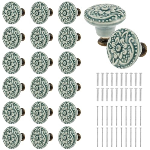 NIHUIFDPY 20Pcs Ceramic Cabinet Knobs Vintage Drawer Knobs Decorative Kitchen Furniture Handle with Screws 3.4cm Round Antique Cupboard Door Dresser Knob for Wardrobe Home Interior Décor(Green)