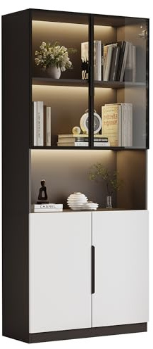 Azkoeesy 200 cm Glasvitrine mit LED-Beleuchtung und Glastüren, Hochschrank, Buffetschrank, Bücherschrank, Standschrank, Standvitrine, 80 x 30 x 200 cm