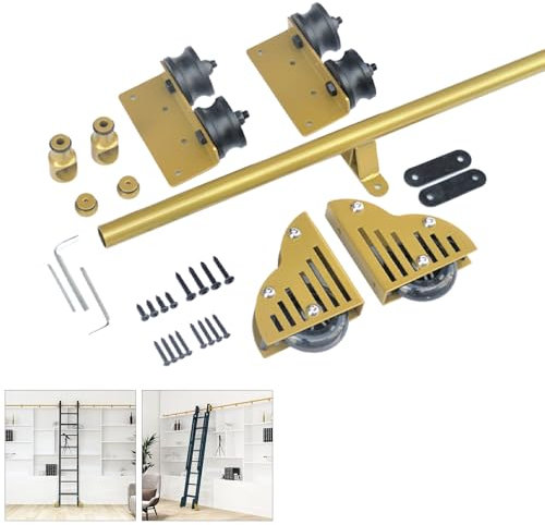 Schiebeleiter-Hardware-Kit Gold, 3,3 bis 24 Fuß Lange Mobile Leiterschiene für Bibliothek/Wohnzimmer/Dachboden/Büro/Küche, mit Bodenrollen (ohne Leiter)(122cm Gleisbausatz)