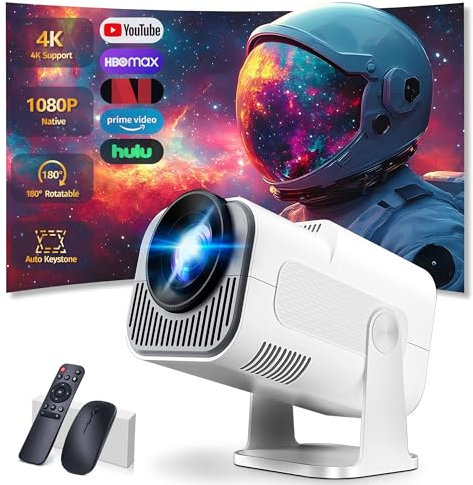 [App intégrée] Mini Vidéoprojecteur 4K 1080P 2026 Upgraded Projecteur avec WiFi 6 et Bluetooth 5.2 Projecteur Trapézoïdale Automatique, 270° Rotation Supporte HDMI/TV Stick/Memory Stick/Laptop, Blanc