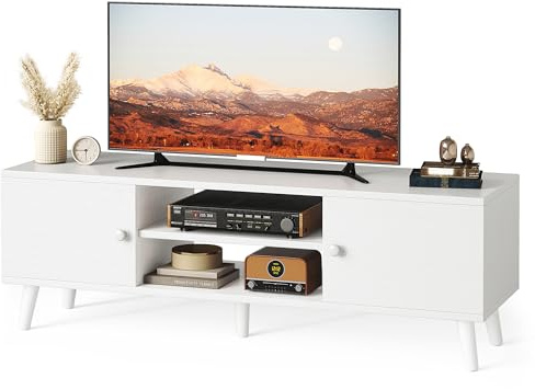 Flrrtenv TV Stand for 55, 65 Inch TV, Entertainment Center with Adjustable Shelf, TV Console with 2 Cabinets, Media Console, Storage White TV Stand, 4 Cord Holes, for Living Room, Bedroom - White