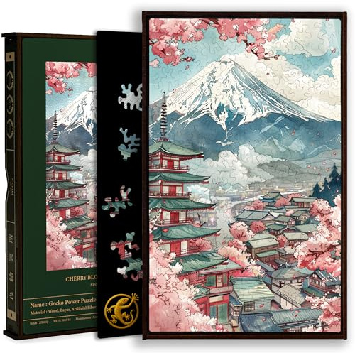 CLASSYMOKU Gecko Power Puzzle with Frame for Adults, 150 Piece Premium Wooden Jigsaw Puzzles, Cool Creative Gift, Puzzle Frame Included (Cherry Blossom Mountain)