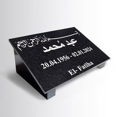 Grabstein aus Granit mit Personalisierung, poliert, gefaste Kanten. Geeignet als Urnengrabstein | Grabplatte | Gedenktafel | Urnenliegestein.mit Stützen Motiv Arabisch AR07 (30x20cm mit Stützen)