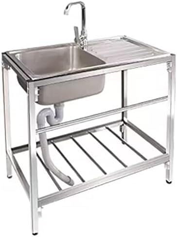 Ensemble d'éviers en acier inoxydable Évier de service autoportant Évier de service en acier inoxydable Évier de cuisine autoportant à cuve avec robinets d'eau chaude et froide et égouttoir(Hot and Co