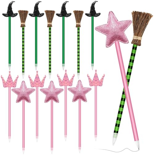 Set di 16 penne da strega con 4 scopa da strega, 4 penne a sfera con cappello da strega, 4 penne a sfera rosa e 4 penne a sfera, set di decorazioni per feste di strega, adatto per bambini, adolescenti