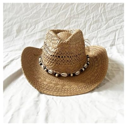 Handgjord skalhatt halmhatt for kvinnor Män Seaside Semester Solhattar Ihåliga rullade brätte Western Cowboyhatt Vintage Beach Panama