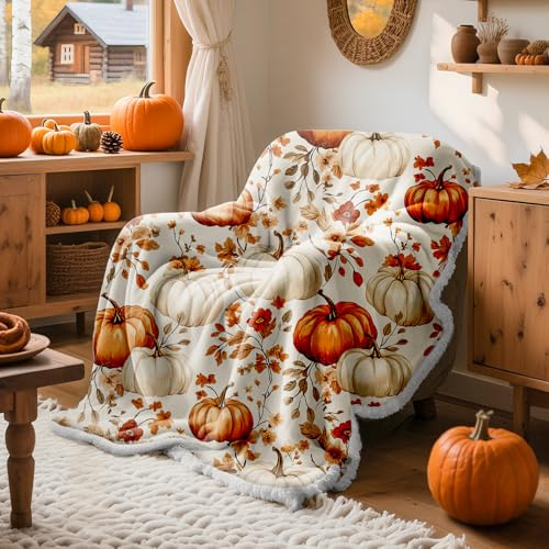 Lanpn Couverture de Automne Canapé Lit, Orange Plaid de Citrouille Chaise, Douce Jeté en Flanelle Imprimée, Épais Couvertures Polaire d'automne Chaud Cadeau, Décoration d'intérieur Maison, 130x150 cm