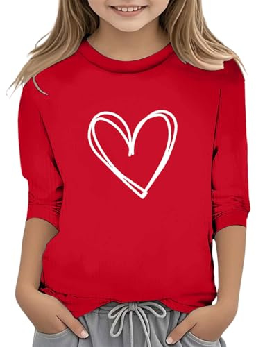 Haut élégant à manches longues pour fille avec imprimé de la Saint-Valentin, tendance, fonctionnel, col rond, manches 3/4, t-shirt décontracté à paillettes pour fille, rouge, 9-10 ans