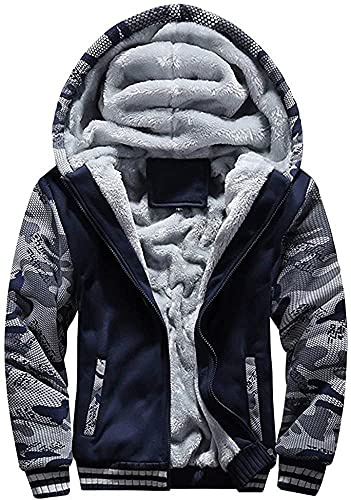 LEZUAN Felpa con Cappuccio Uomo Inverno Caldo Hoodie con Cerniera Integrale Felpe Uomo Manica Lunga Pullover Giacca di Spessore Cappotto in Pile Foderato,Blu Mimetico,M