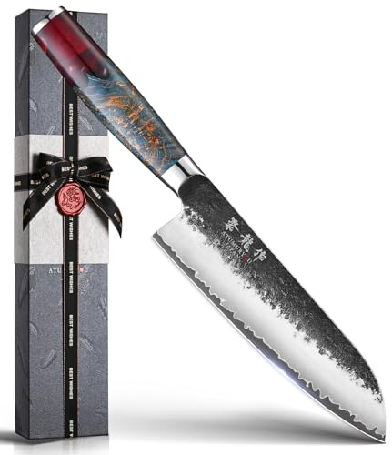 Atumuryou JPCK Japanese Chef Knife, 7 Inch Hand Forged Santoku Knife with VG10 Steel, Chefs Knives for Professional & Home Kitchen, Sharp Kitchen Knives with Red Ergonomic Handle