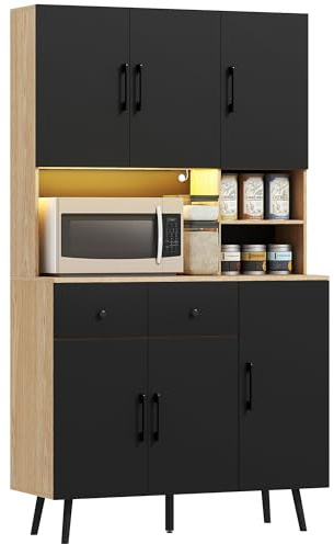 HOMCOM 176 cm Tall Kitchen Cupboard with RGB LED Lights Oak and Black | Freestanding 6-Door Kitchen Storage Cabinet, 2 Drawers, Adjustable Shelves, Open Countertop, Cable Hole