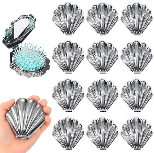 12 Stück faltbare Reise-Haarbürsten, Mini-Haarkämme in Muschelform mit Spiegel, kompakte Taschenhaarmassagebürsten, niedliches Make-up-Spiegel-Set für unterwegs