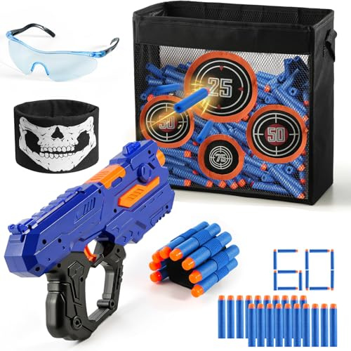 Foam Dart Blaster Set for Kids, 60 Foam Darts with Target Storage Bag, Goggles & Mask | Indoor Outdoor Shooting Game Compatible with Nerf-Style Dart Blasters