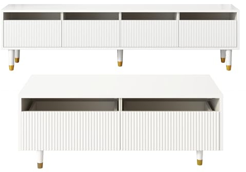 Bladez Ensemble de meubles LED moderne - Meuble TV à 4 portes et table basse avec 2 tiroirs, blanc avec design doré, éclairage LED, structure ondulée et façades en acrylique pour un salon élégant