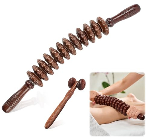 2 Pcs Rouleau de Massage, 12 Tours Masseur Anti Cellulite Bois 43cm avec Poignée et Bâton Fascial Point Déclenchement, Maderotherapie Drainage Lymphatique Relaxation Musculaire Modelage Corps Gua Sha