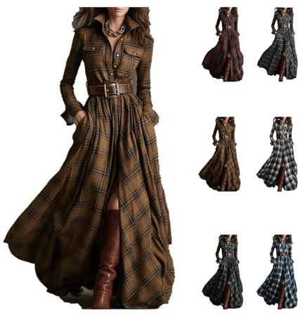 Dam långärmad knapp framsida rutig maxiklänning, v-ringad knapp ner maxi med asymmetrisk, western cowgirl blommiga klänningar, Camel, XXL