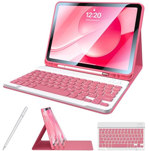 Kiloob for iPad 11th 10th Generation Case with Keyboard with Pencil Holder and Magnetic Disc Universal Stylus Pen 10.9 inch Wireless Detachable Folio Keyboard Cover for New iPad 10th Gen 2022 Hot Pink