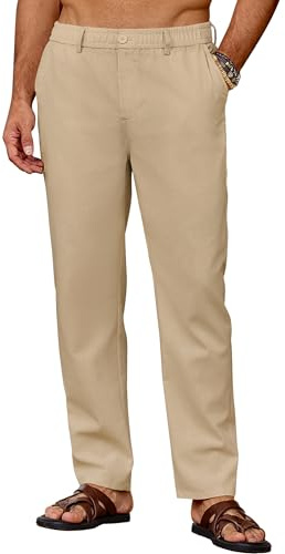 COOFANDY Men's Linen Trousers Elasticated Waist Casual Trousers Regular Fit Summer Lightweight Beach Pants with Belt Buckle and Placket Khaki L
