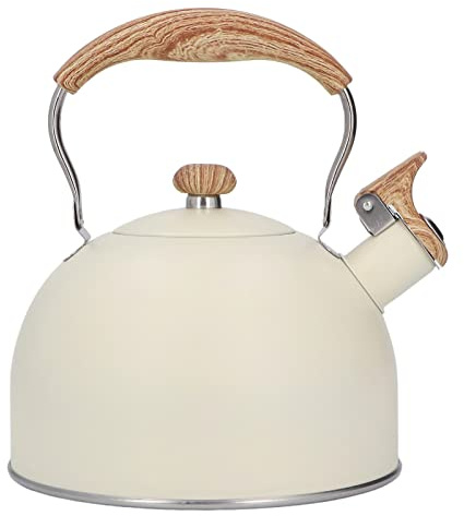 Bouilloire à thé sur la cuisinière, bouilloire sifflet thé cylindrique en acier inoxydable grain de bois beige, théière sifflante de 2,5 L avec poignée ergonomique pour le café au