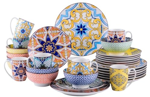 Ceramic Dish Sets Service 16/32 Piece Jasmin Pattern Porcelain Tableware Dinnerware Dinner Set with Plate,Dessert,Bowl,Mug(32-Piece)