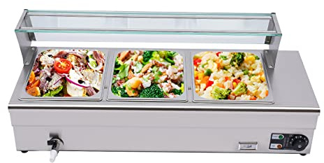 Chauffe Plat Électrique en Acier Inoxydable 1200W Bain Marie à 3 Casseroles Chafing Dish Température Réglable avec Couvercles,pour la Maison, Cafétéria, Fête d'anniversaire, Restaurant, Fête