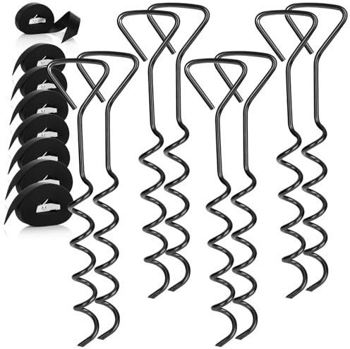 com-four® 16-teiliges Zeltbodenanker Set, 8X geschwungener Erdanker | 8x Spanngurt mit Schnalle - Sturmschrauben zur Befestigung von Pavillon - Vorzelt - Planen und Outdoor Ausrüstung