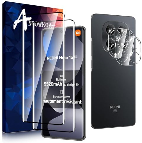 Anoowkoa 2+2 Pezzi Vetro Temperato per Xiaomi Redmi Note 15 4G/5G + Fotocamera Pellicola Protettiva,Protezione Schermo Anti Graffio Ultra Resistente