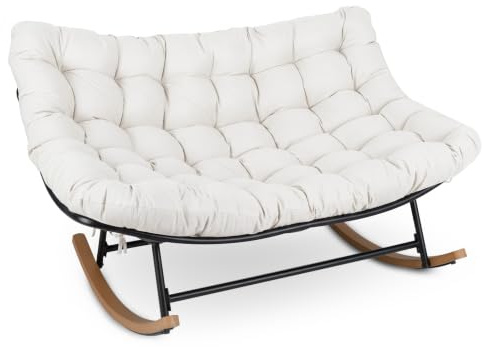 COSTWAY Silla Mecedora Doble Cojín Acolchado, Butaca Salón XXL (Beige) | Estructura Metálica, Sillón Balancin para Jardín Terraza Interior Exterior, 110,5 x 150 x 81 cm, Carga 320 kg