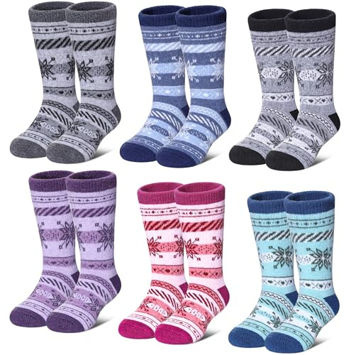 LANLEO Kids Wool Socks For Toddlers Boys Girls Hiking Winter Warm Cozy Thick Heavy Thermal Crew Boot Socks 6 Pairs Snowflake,8-12 Year Old