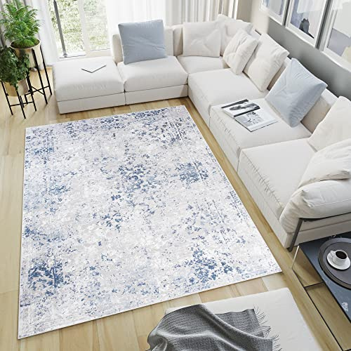 TAPISO Sky Teppich Kurzflor Grau Blau Creme Ornament Rahmen 80 x 150 cm | Modern Meliert Verwischt Design Wohnzimmer Schlafzimmer 3D Optik OEKO-TEX