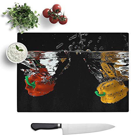 Glass Chopping Board, Red and Yellow Peppers, 39x28.5 cm | Textured Glass Worktop Saver with Non-slip Feet, Hygienic Cutting and Serving Board for Protecting Kitchen Surfaces