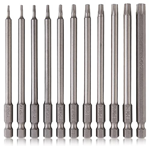 TUAKIMCE 11 Stück Torx lang Schraubendreher Bit Set 1/4 Magnetisch Sternenkopf Schraubenziehe Set T6-T40 100mm Lang Sechskant Schaft Elektrische Torx Bits Satz Werkzeuge