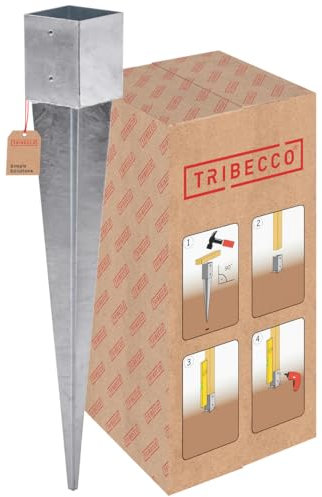 TRIBECCO Soporte para postes de madera, 121 x 121 mm, longitud 900 mm, galvanizado en caliente, manguito de impacto para postes de madera cuadrados, anclaje de acero, anclaje de suelo