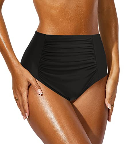JFAN Bas de Maillot Taille Haute Femme Bas de Bikini Grande Taille Culotte Maillot de Bain Femme, Le Noir S